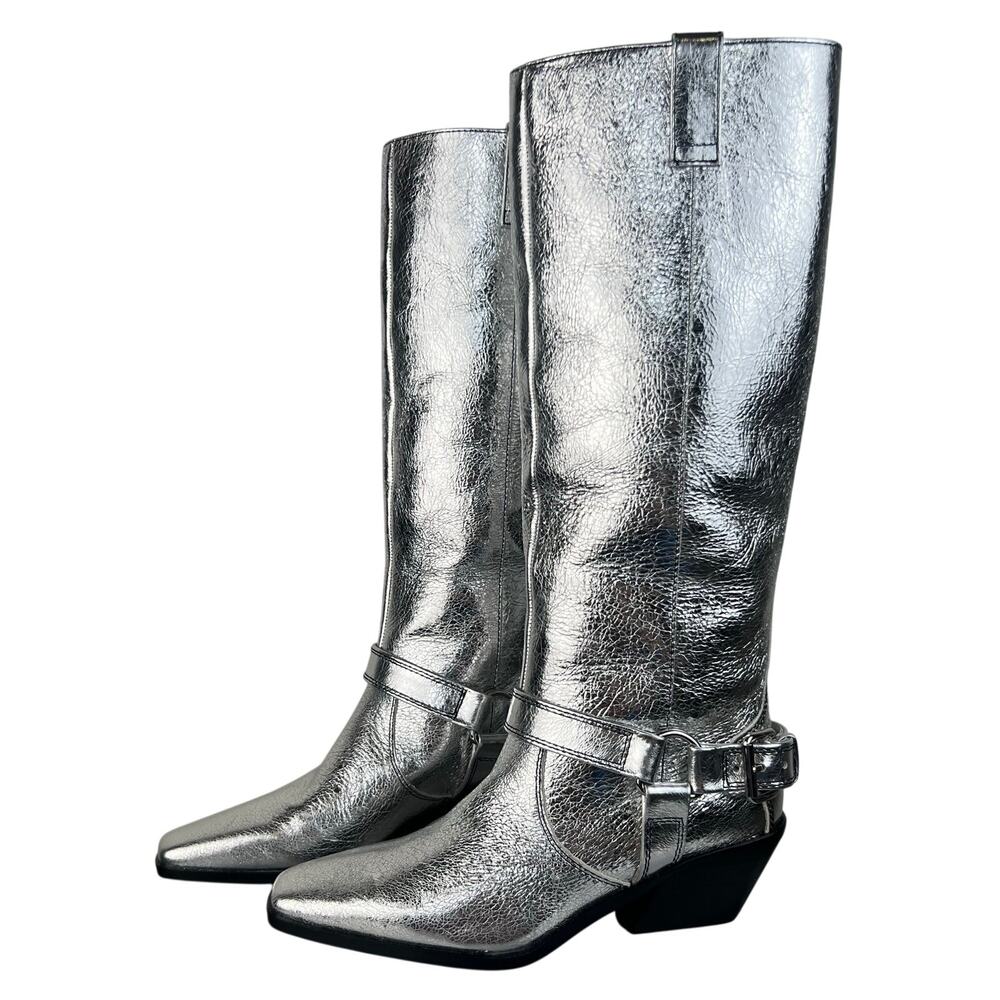 CAVERLEY Liberty Metallic Silver PullOn Statement Tall Western Harness Boots 7.5